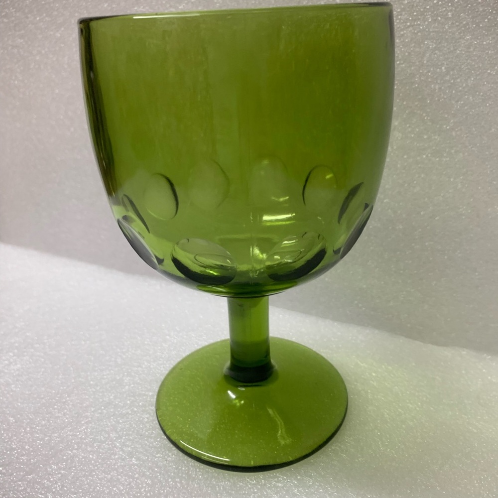 Vintage Avocado Green Bartlett Collins Thumbprint Pattern Stemmed Goblet